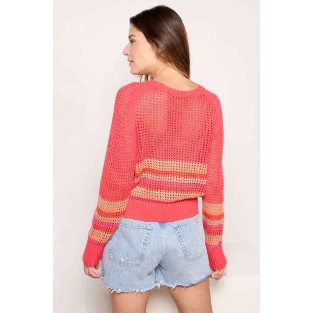 525 Striped Top L Fishnet Open Knit Crochet Cover Up Maximalist Resort Cruise - Picture 2 of 8